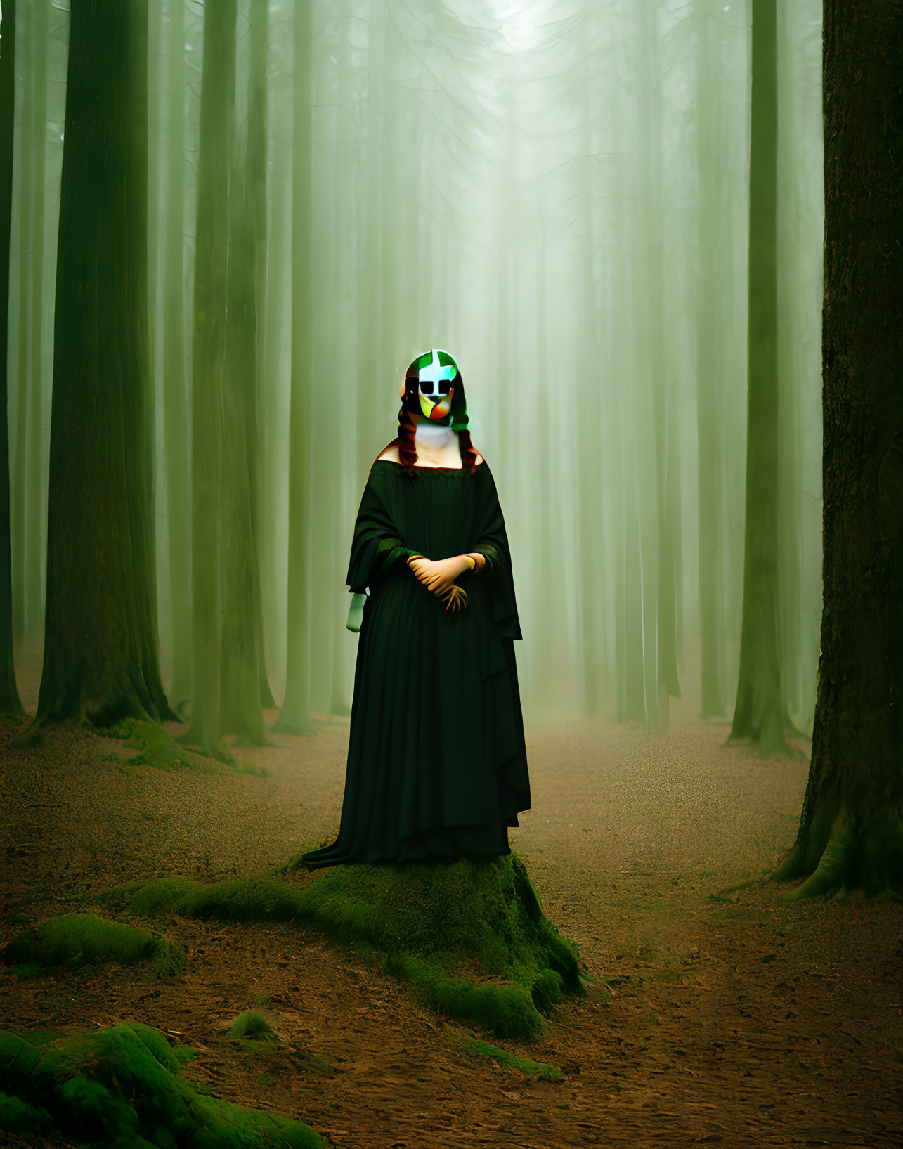 Cloaked Figure with Colorful Mask in Misty Green Forest