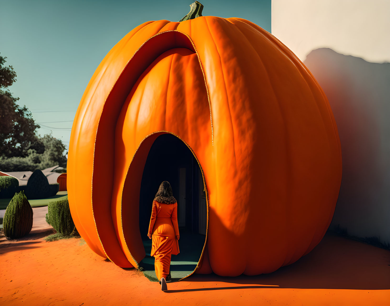 Person in orange outfit enters pumpkin-shaped structure under blue sky