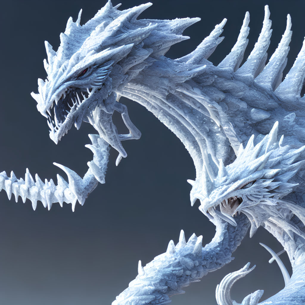 Detailed image of fierce ice dragon with sharp scales, imposing horns, and red eyes on blue background