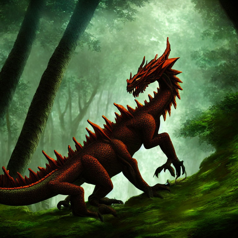 Red Dragon in Misty Green Forest: Glowing Ominous Scales