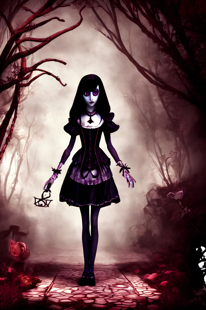 Gothic animated girl with purple eyes in misty forest with spooky cat