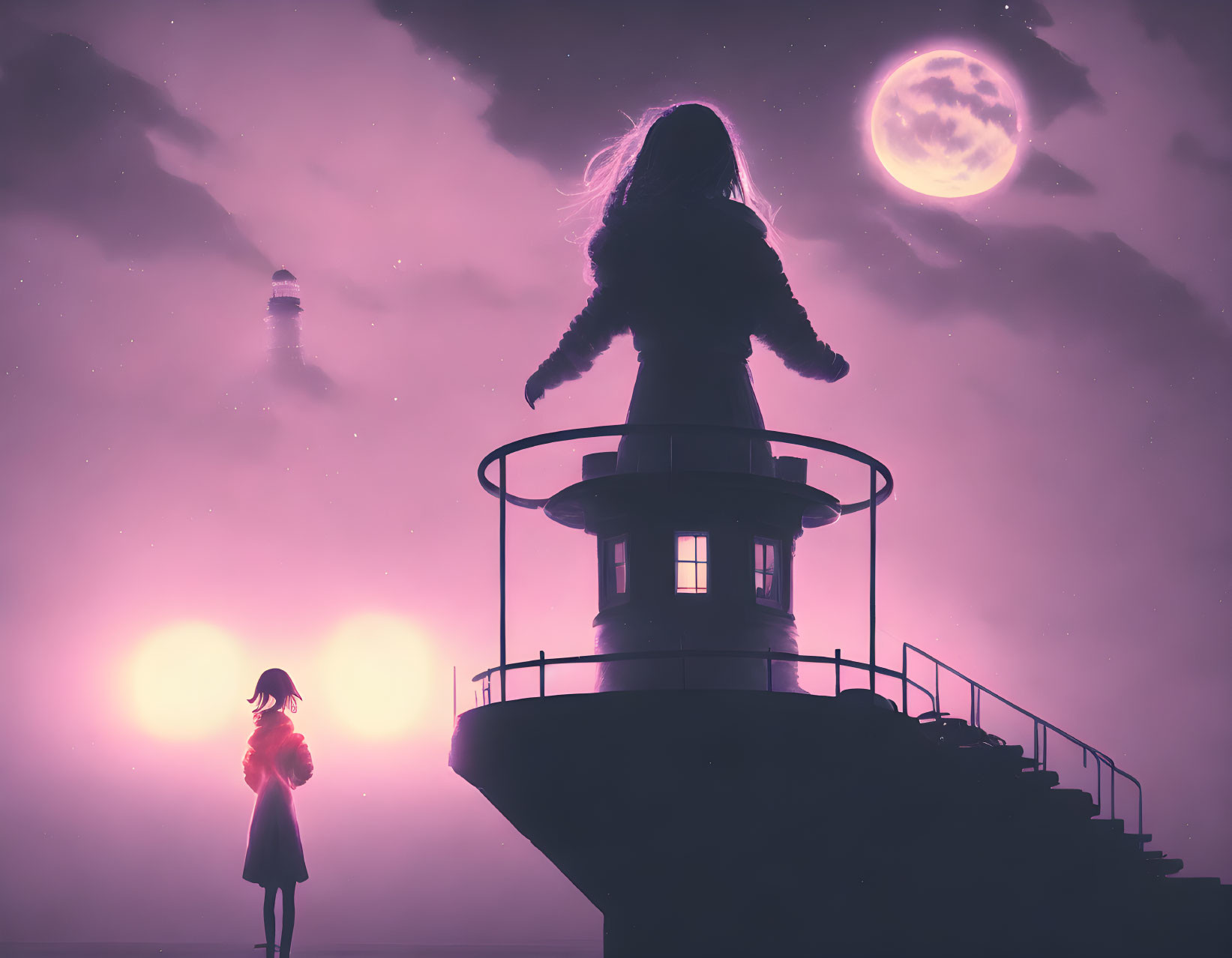 Silhouette of two people under moonlit sky at lighthouse balcony