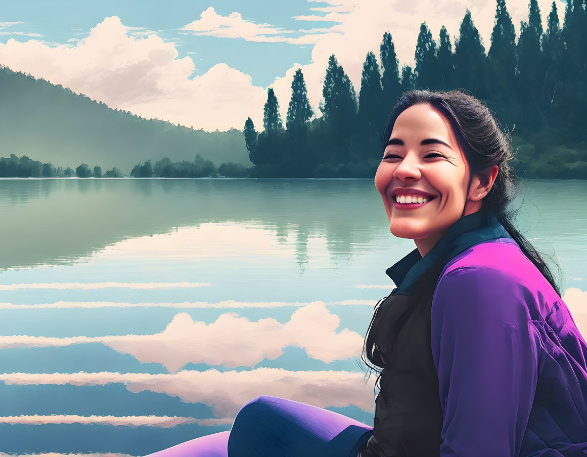 Smiling woman in purple jacket by tranquil lake with reflections