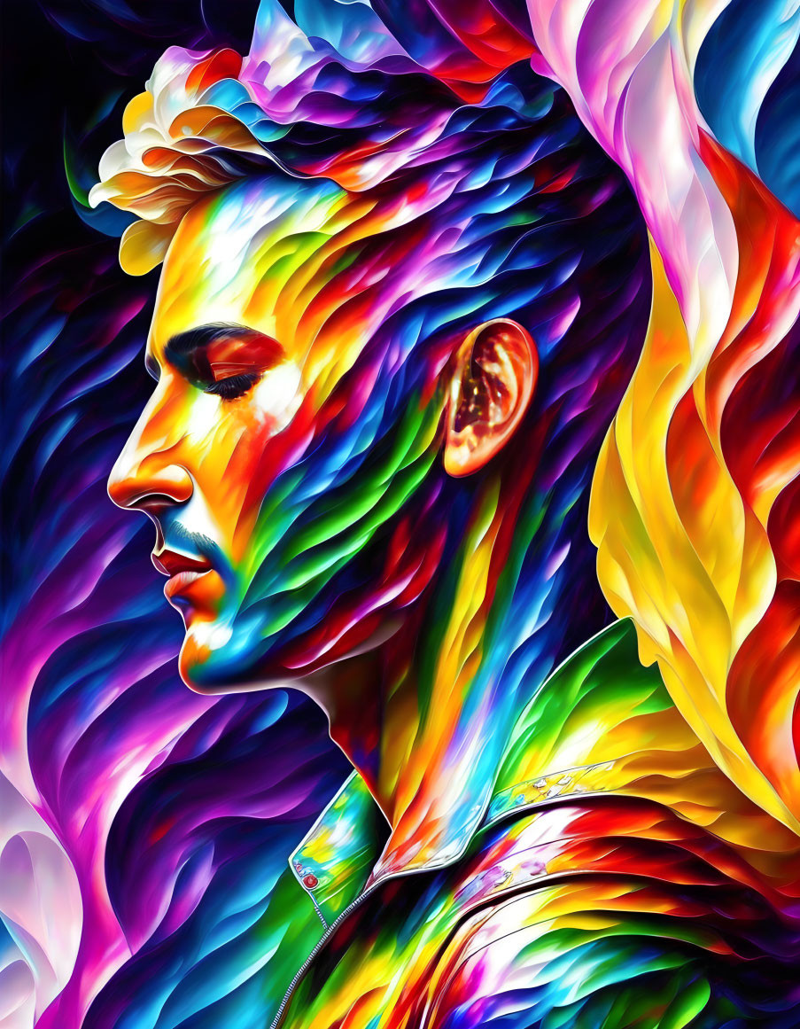 Colorful portrait with swirling blue, yellow, and red patterns