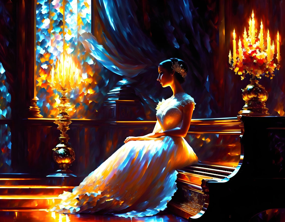 Woman in white dress on piano bench under candlelight with stained glass windows