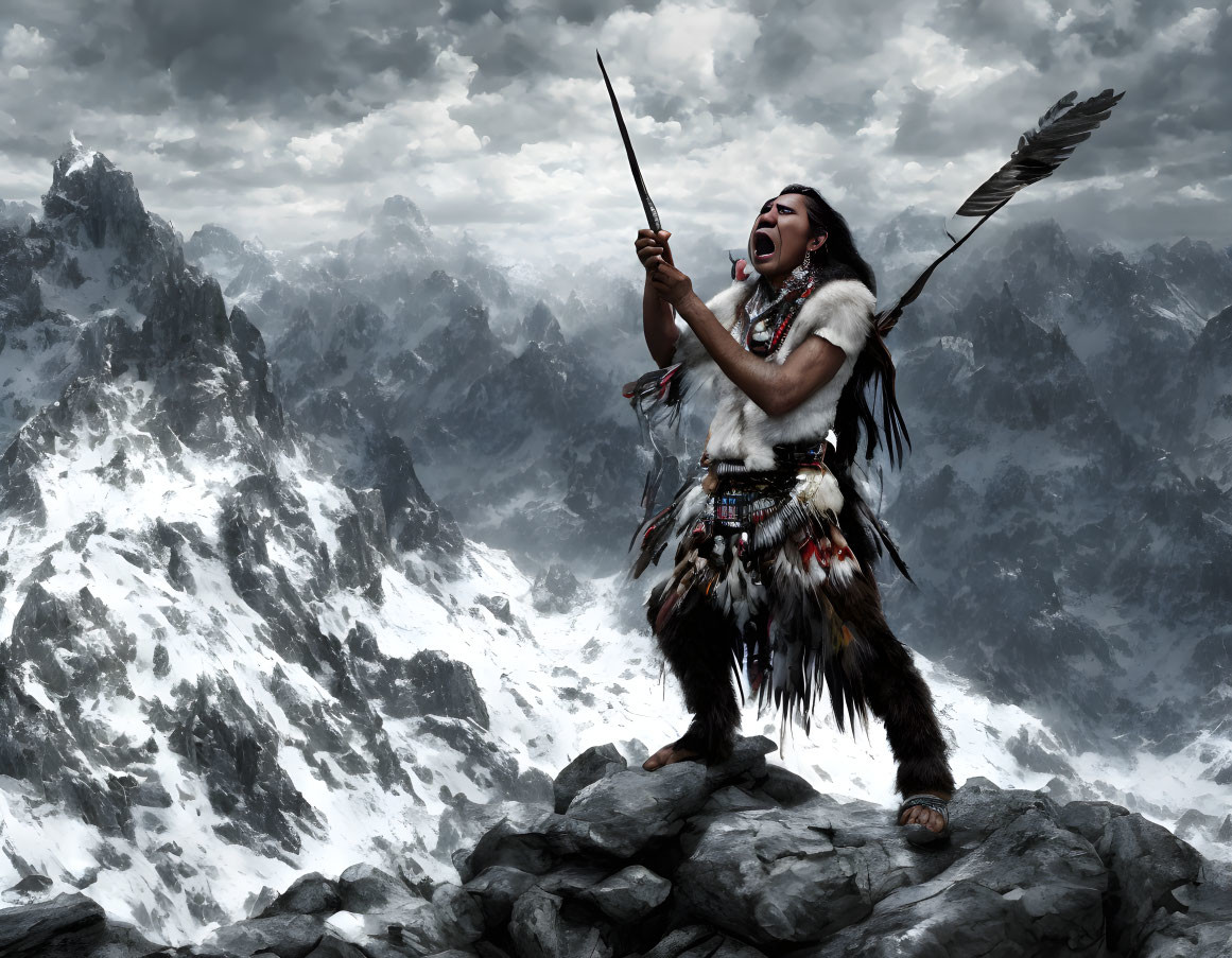 Native American person in traditional attire on rocky outcrop with spear and feather, snowy mountain backdrop