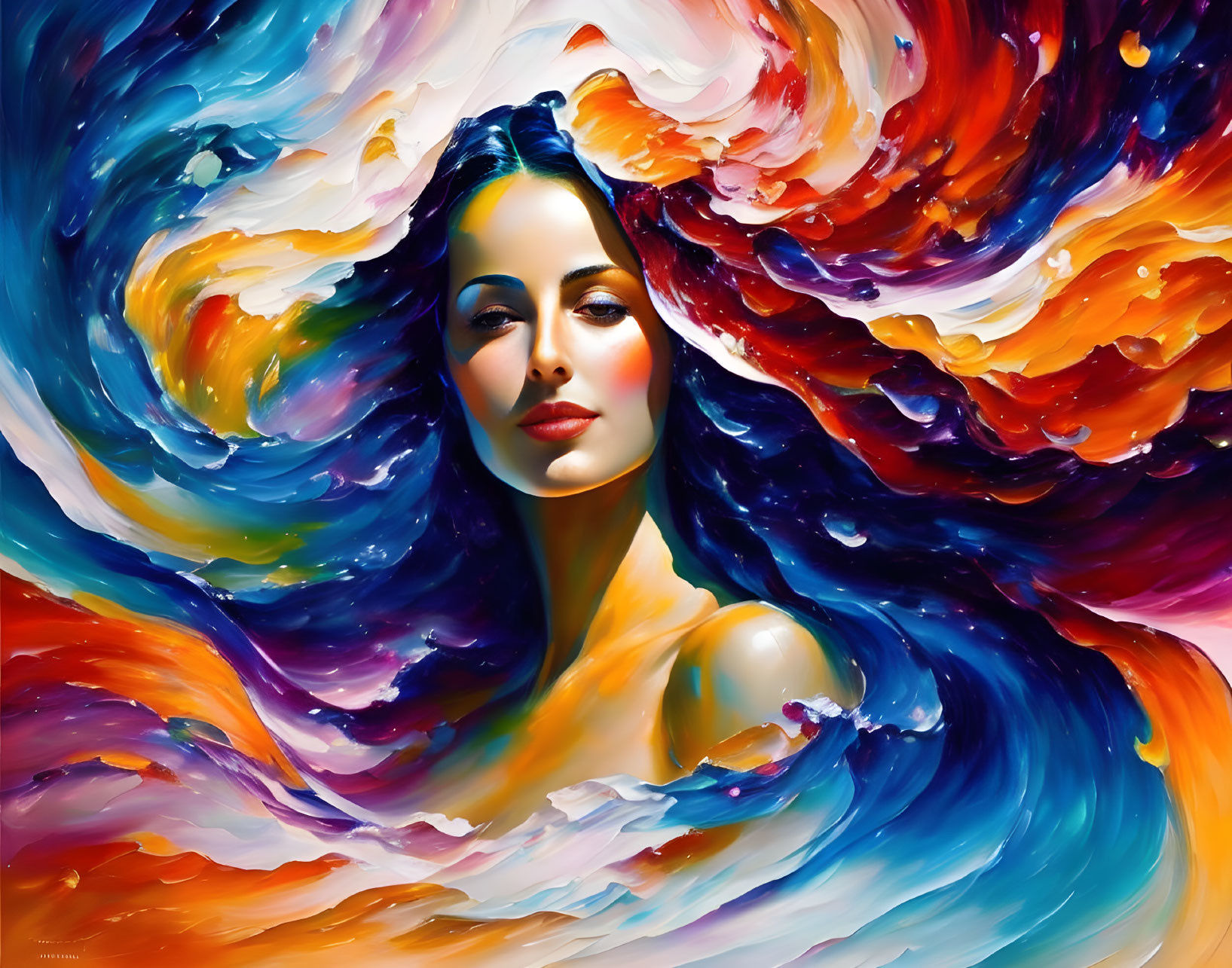 Colorful Abstract Painting of Woman's Face with Swirling Hair