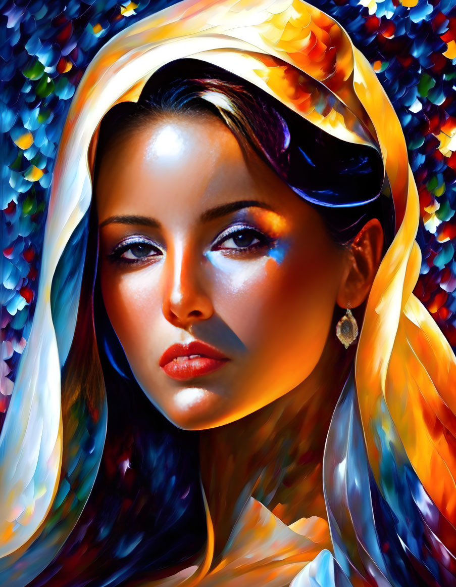 Colorful portrait of woman in iridescent cloak with intense eyes