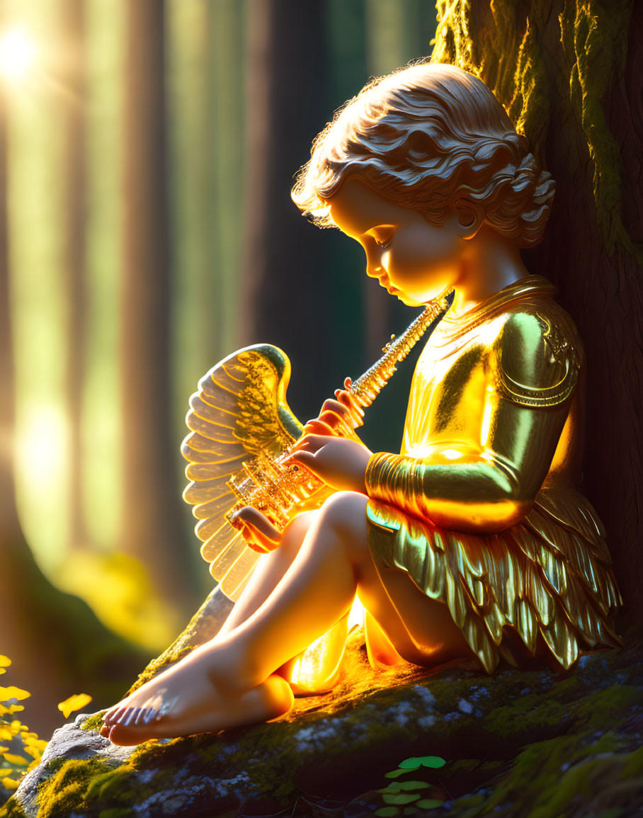 Golden childlike figure with wings holding beads under sunlight by a tree