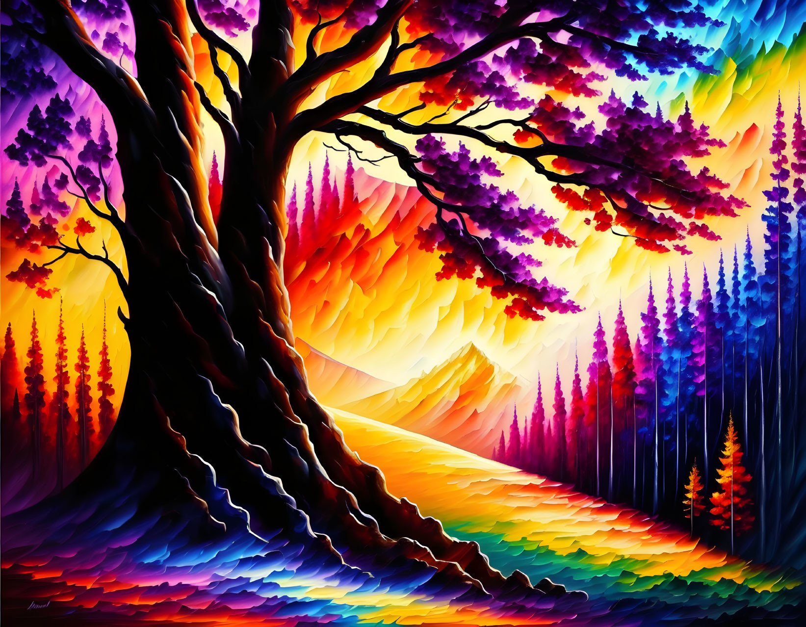 Colorful landscape painting with large tree, vibrant sunset, and multicolored forest path