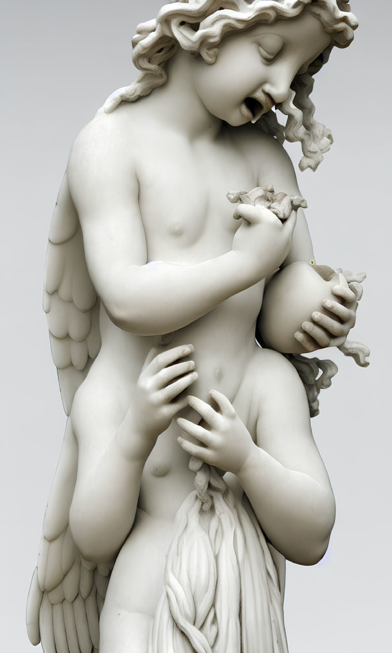 Classical sculpture of smiling angel with wings holding small bird