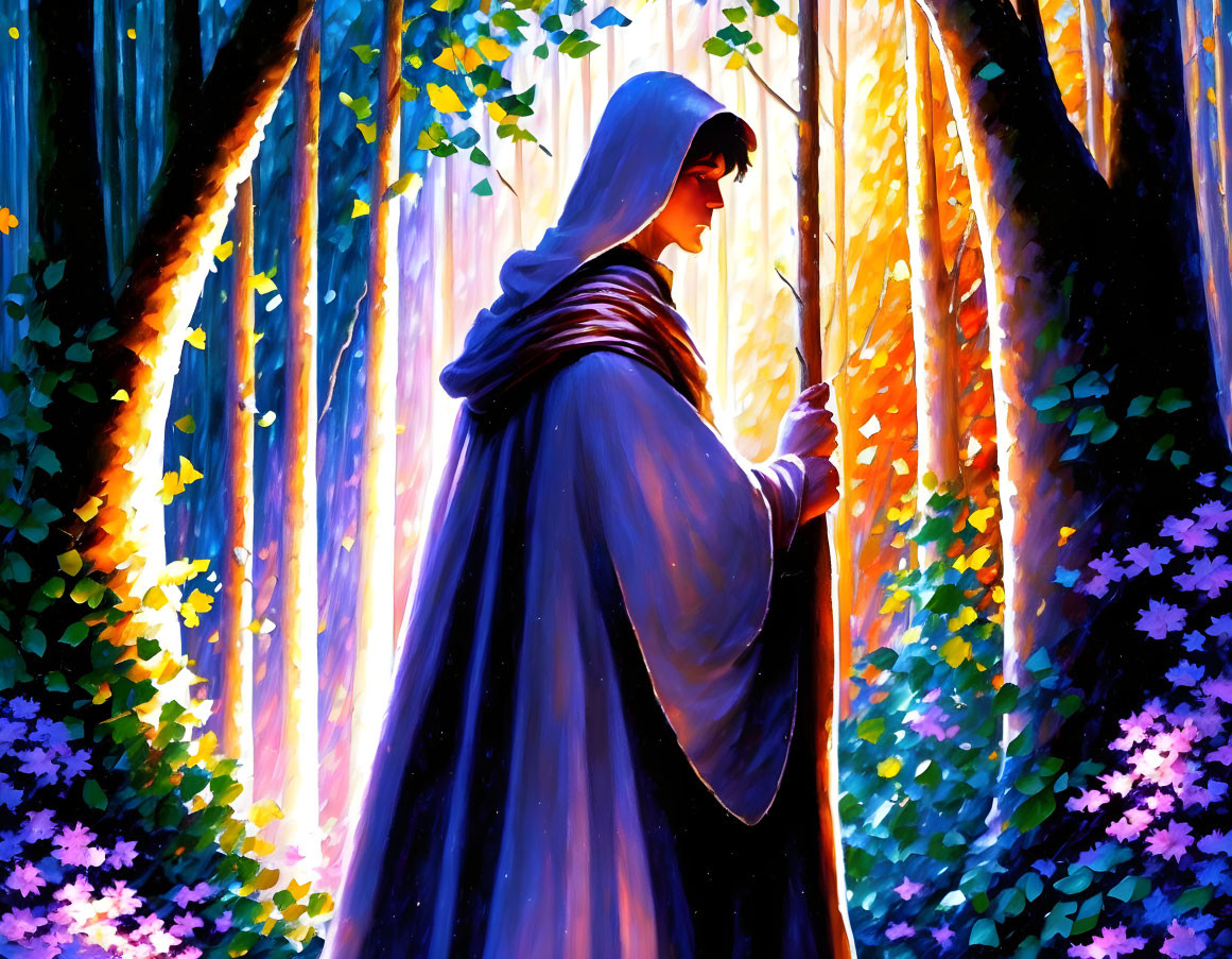 Cloaked figure with staff in vibrant mystical forest