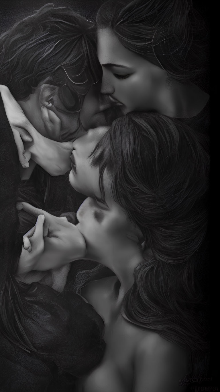 Grayscale image capturing intimate moment with four faces showing deep connection.