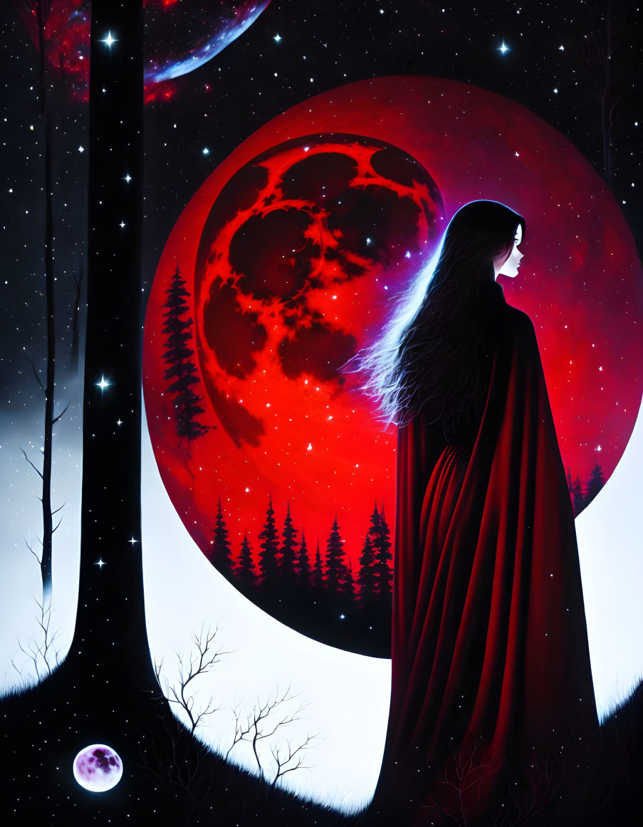 Woman in Red Cloak Observing Red Moon and Night Sky