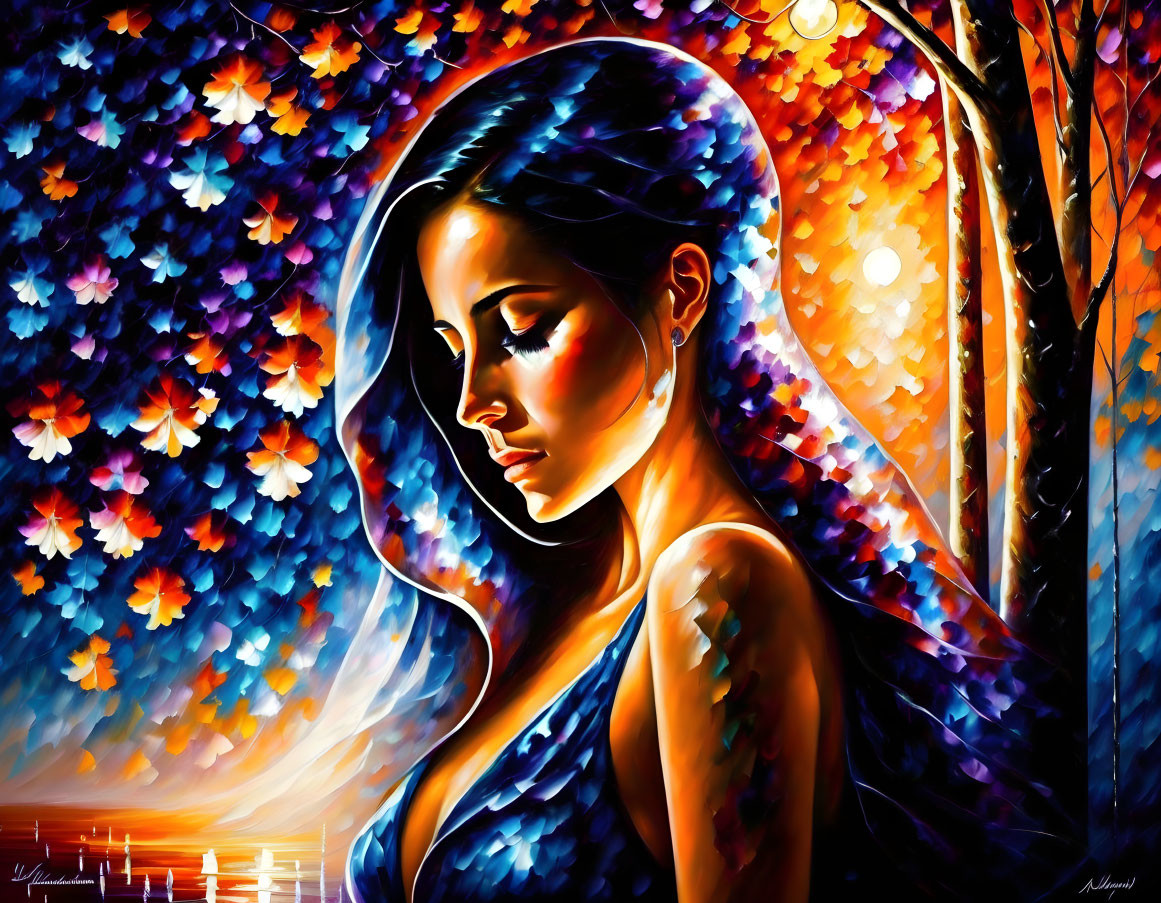 Colorful painting of woman with flowing hair and kaleidoscopic background.