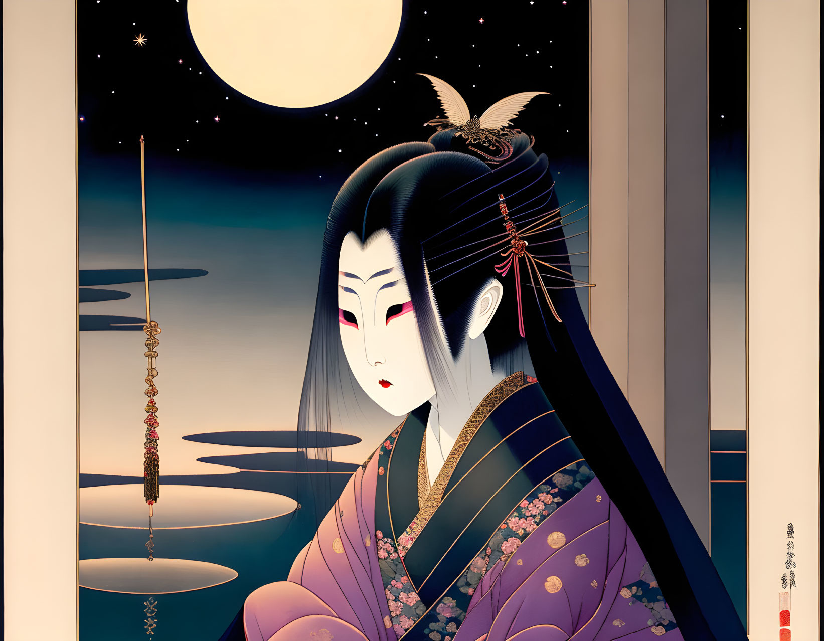 Illustrated Japanese woman in traditional attire with elaborate hairstyle gazing at night landscape with full moon and water