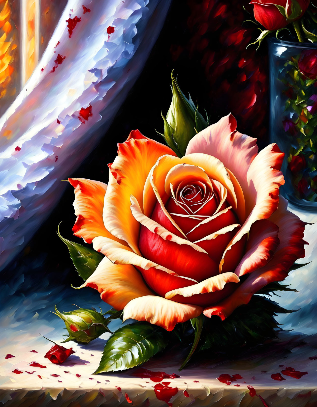 Vivid painting of orange-yellow rose with falling petals on dark background