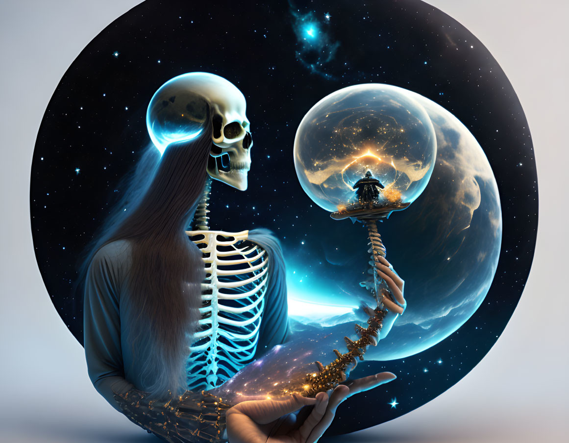 Surreal image: person with skeleton holding DNA helix, cosmic moon scene.