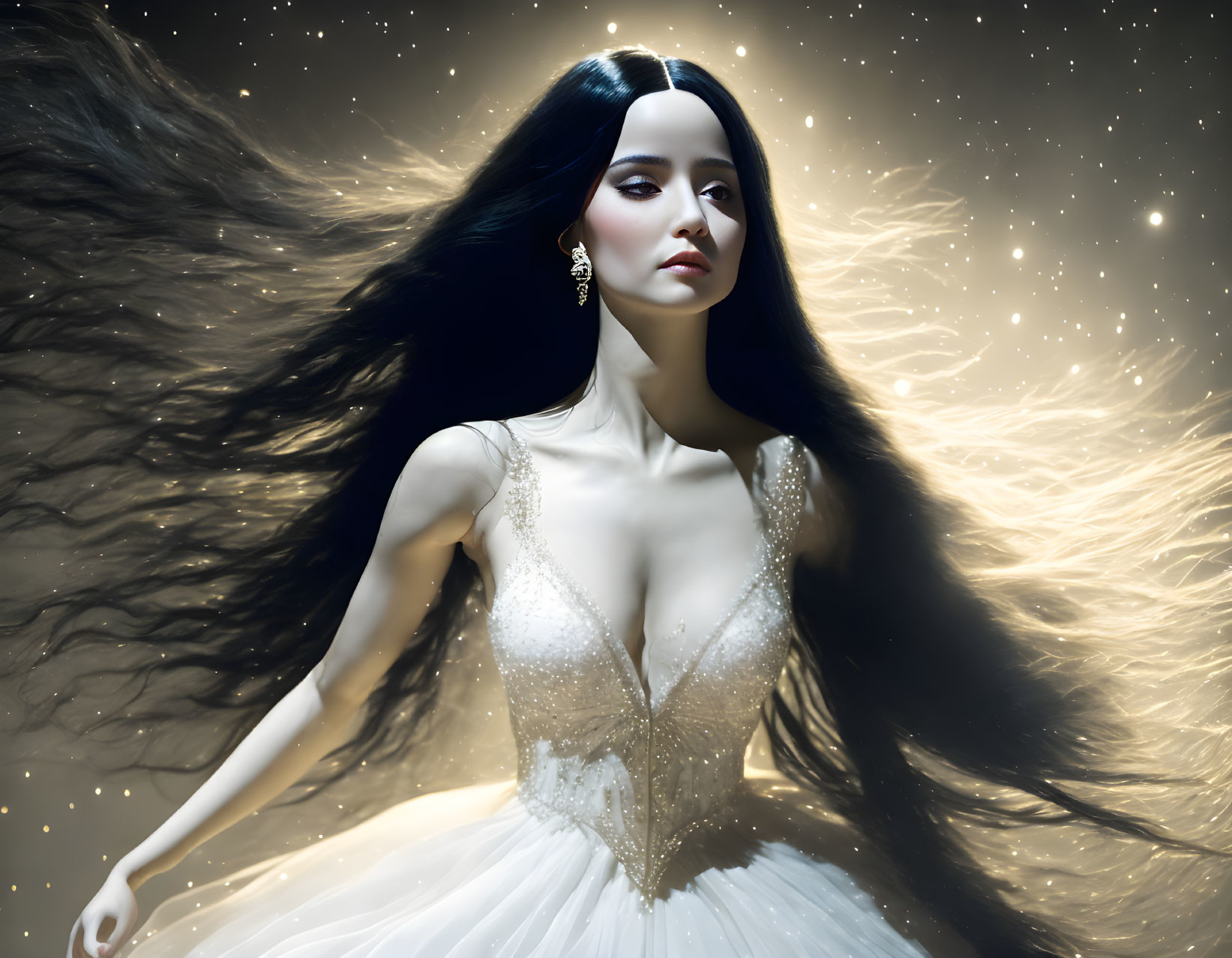 Woman in white gown with long dark hair under starry sky