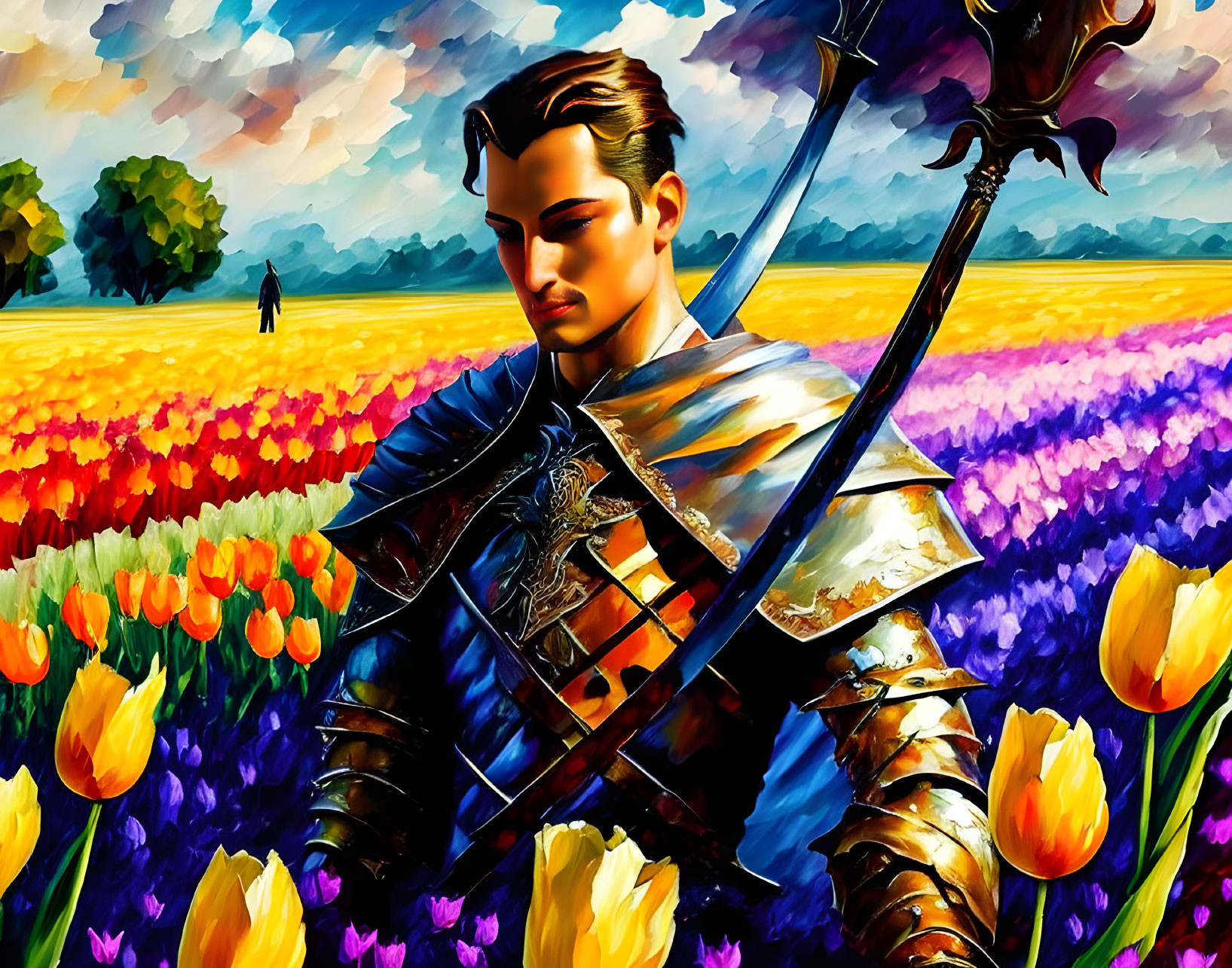 Colorful digital artwork: Knight in armor among tulips