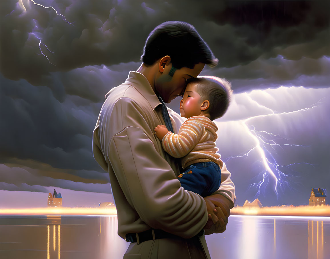 Man holding sleeping child under stormy sky by water