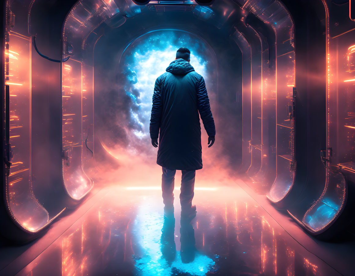 Person in Winter Coat in Futuristic Corridor Facing Swirling Portal