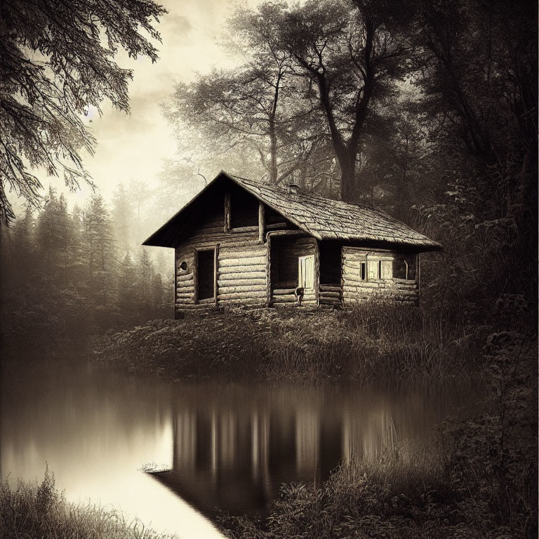 Sepia-toned image of isolated wooden cabin by misty forest lake