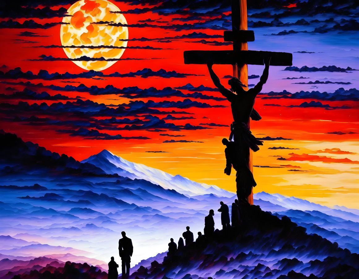 Colorful painting of Jesus on cross at sunset with onlookers and mountains