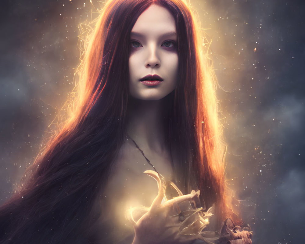 Portrait of woman with red hair in starry nebula, holding glowing branches