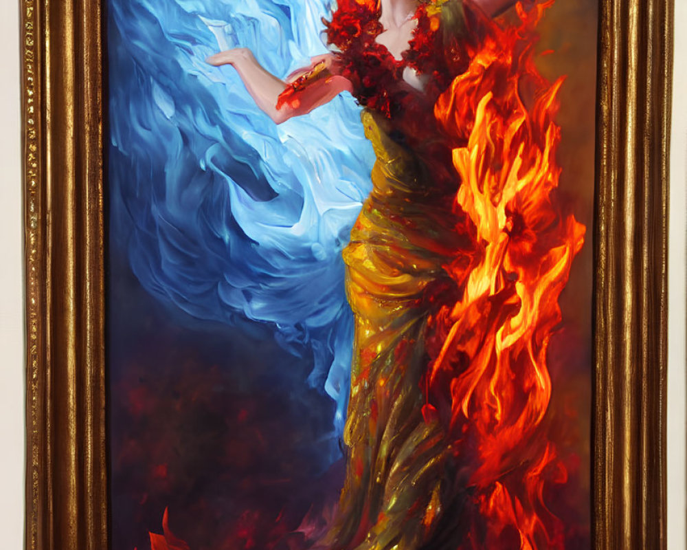 Colorful painting of woman in flowing dress, fire and water elements, blue and red contrast, displayed