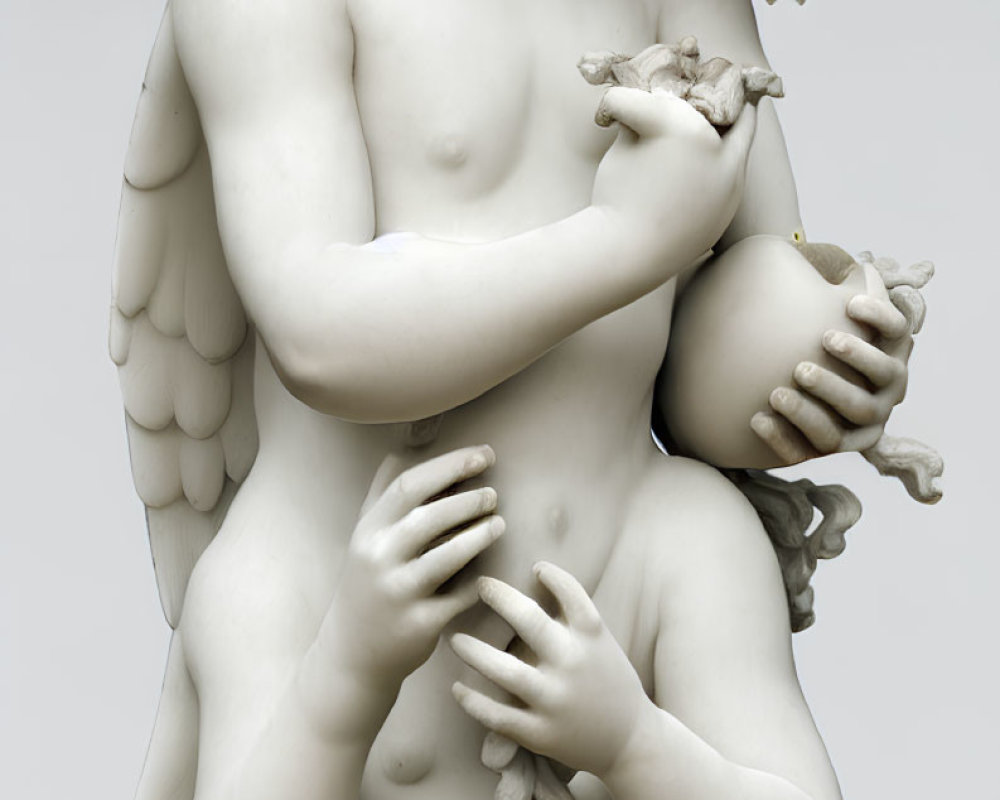 Classical sculpture of smiling angel with wings holding small bird