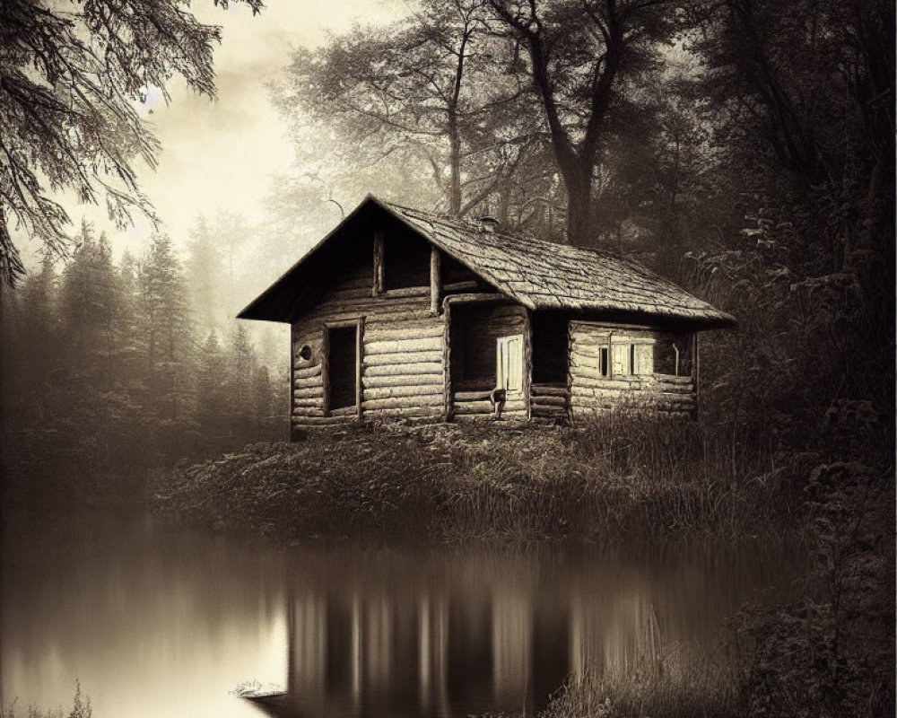 Sepia-toned image of isolated wooden cabin by misty forest lake