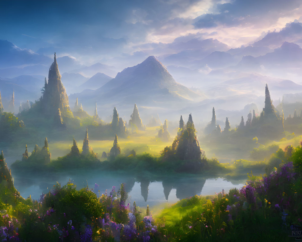 Tranquil landscape with misty mountains, gentle river, and colorful wildflowers