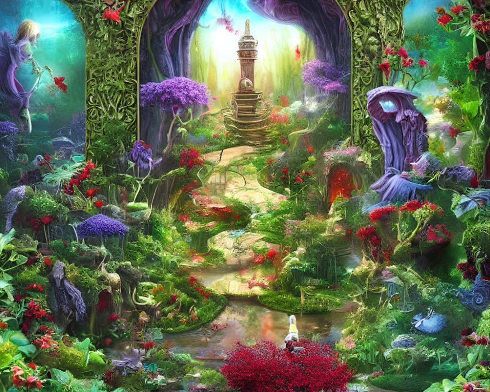 Fantasy garden with lush flora, mystical portal, enchanted pathways.