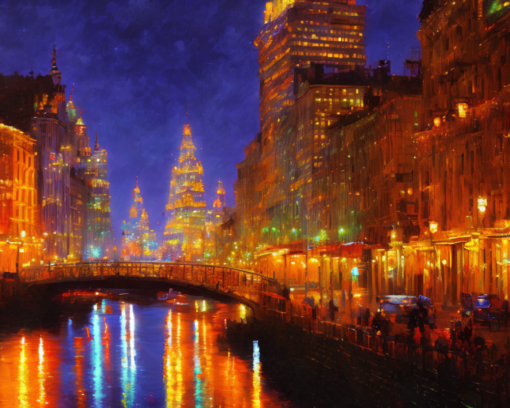 Impressionistic night cityscape with luminous reflections and twinkling streetlights