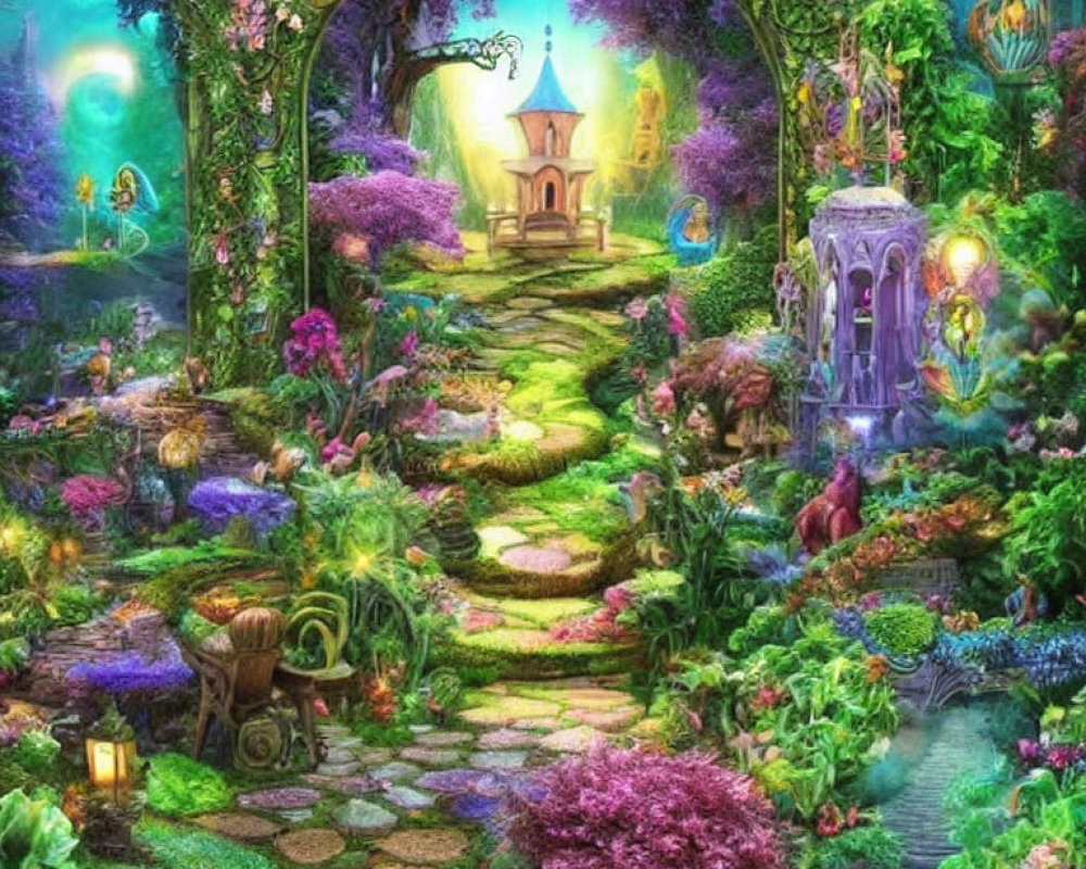 Enchanting fantasy garden with stone pathway and glowing lanterns