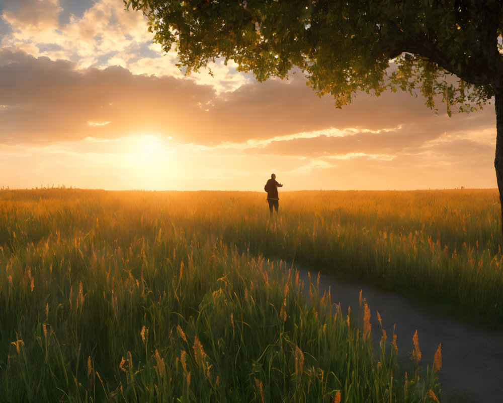 Person standing under tree in lush field at sunset with sunbeams and warm glow.