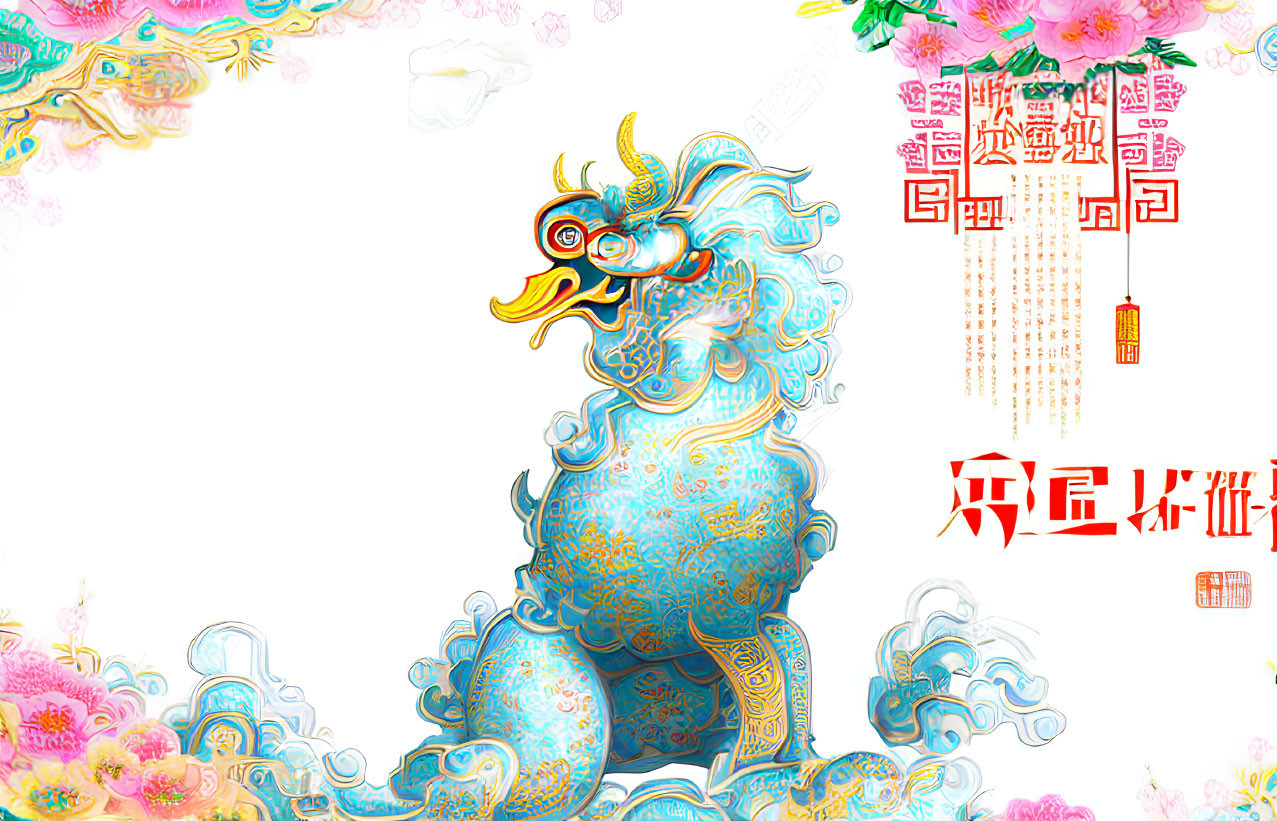 Colorful Chinese dragon illustration with decorative borders and traditional blessings.