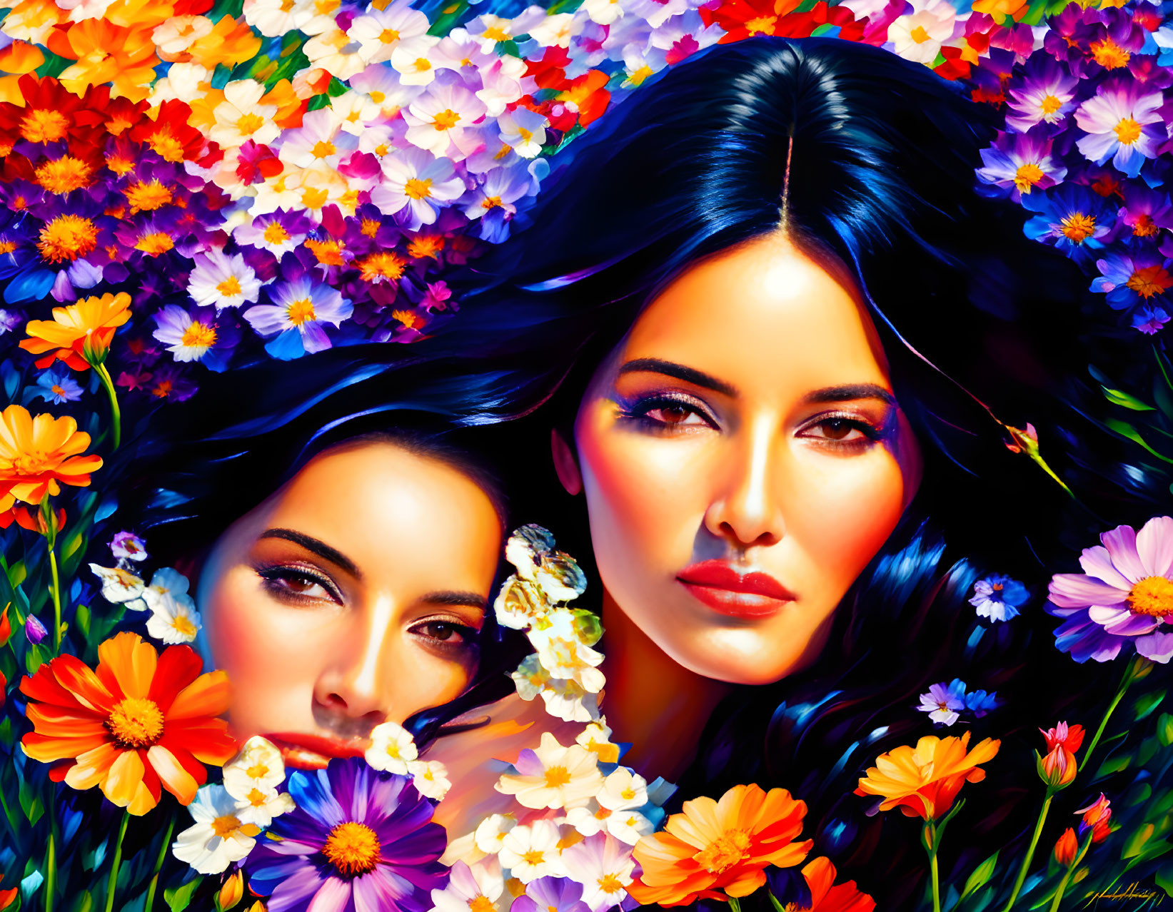 Colorful Artwork: Two Women's Faces Amid Blooming Flowers