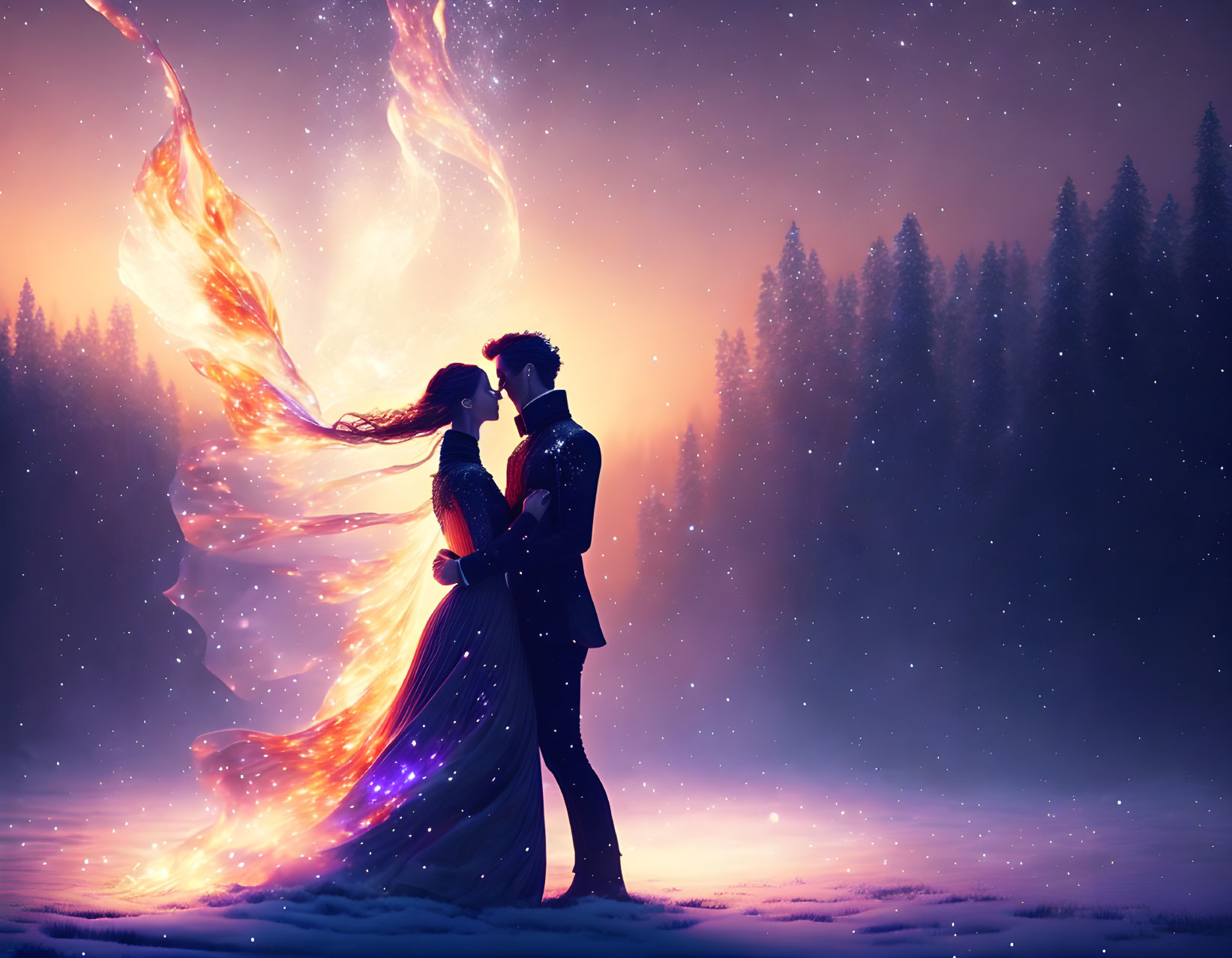 Silhouetted couple embraces in mystical galaxy backdrop