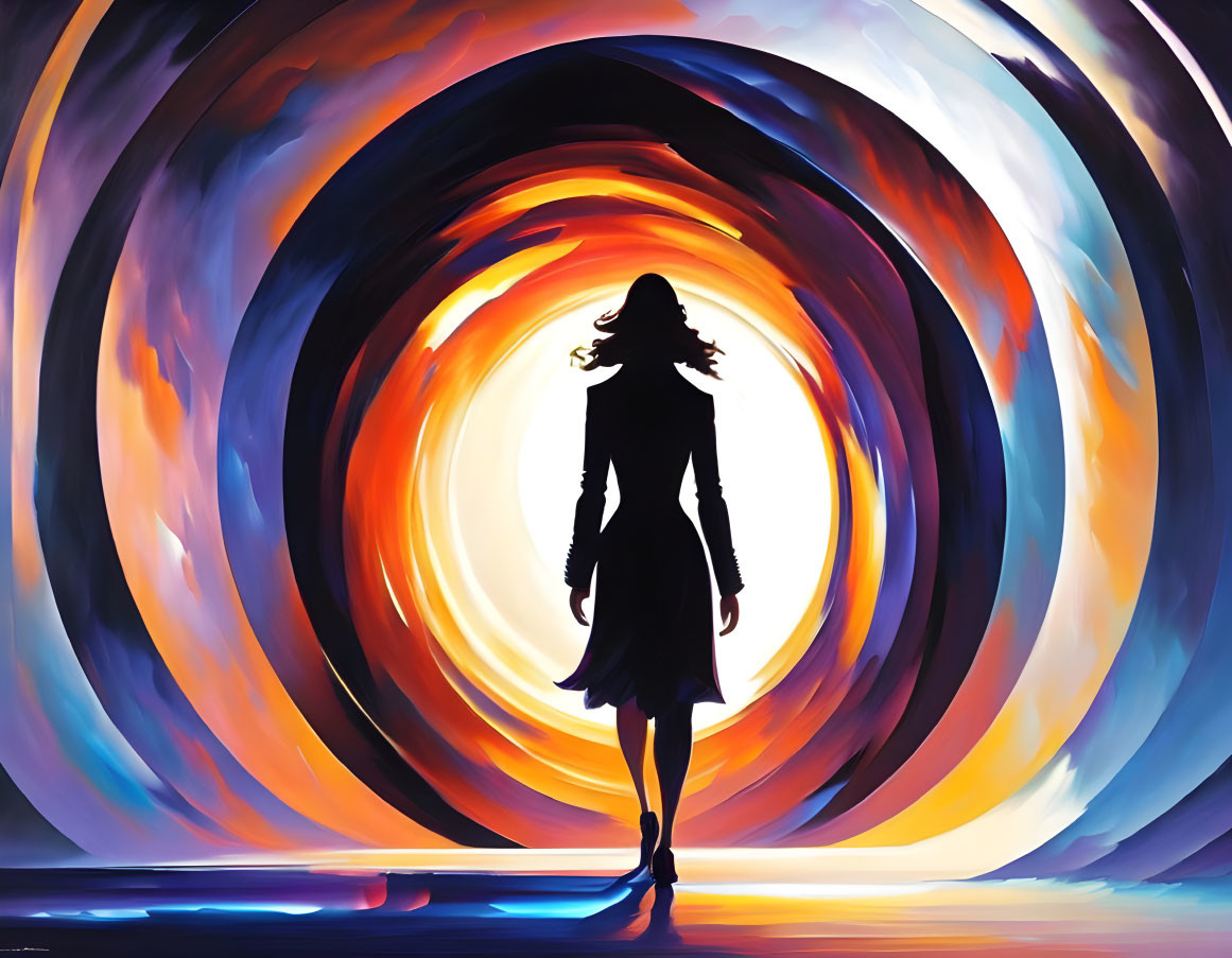 Silhouette of Woman Before Vibrant Swirling Colors