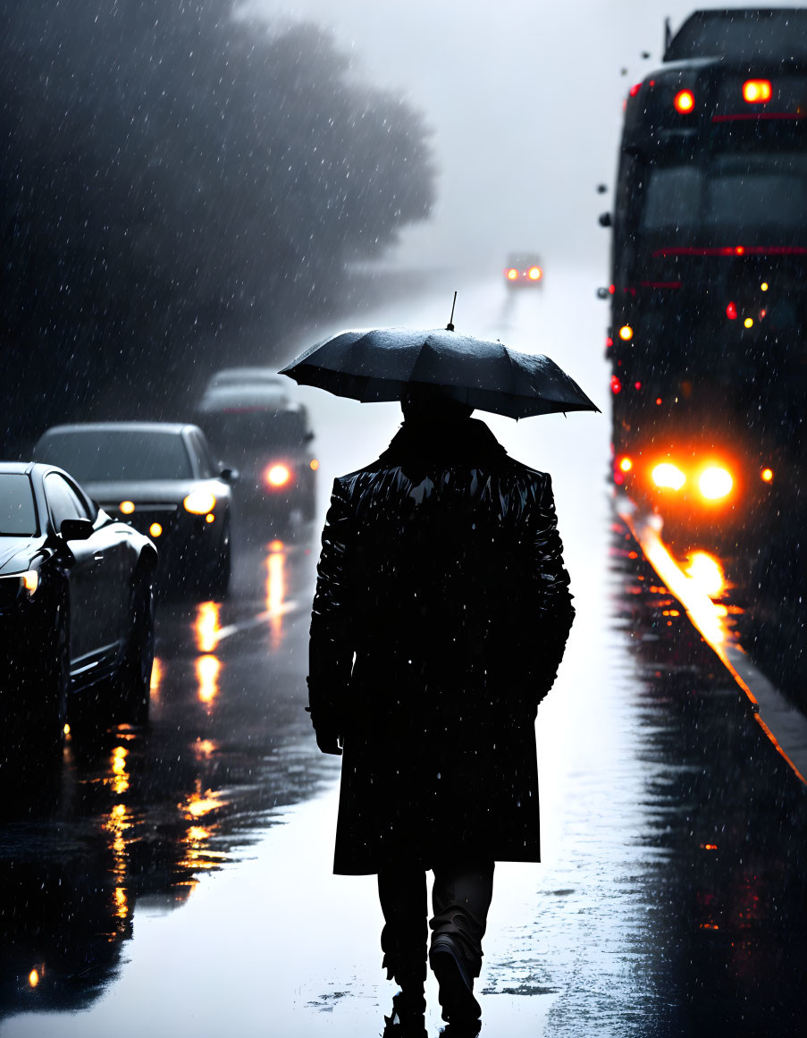 Pedestrian with umbrella on wet street under rainy day lights