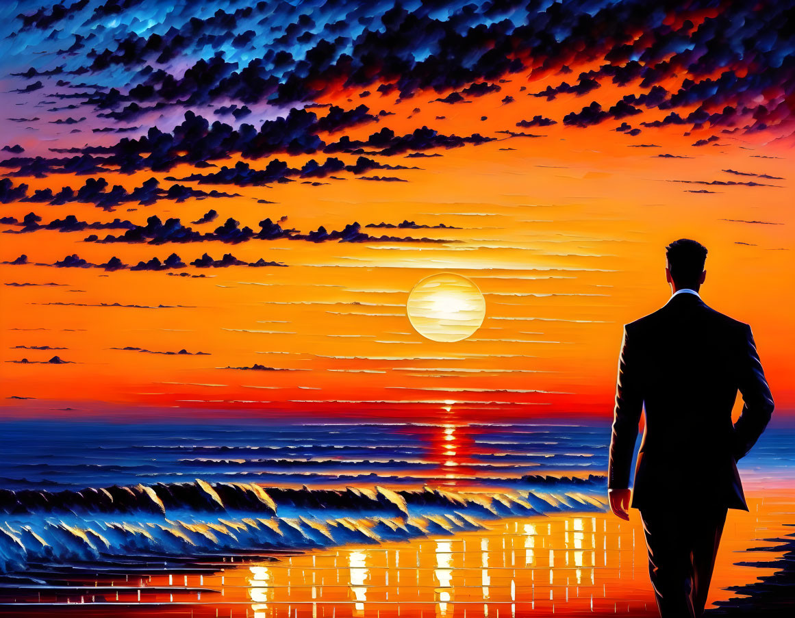 Person admiring vibrant ocean sunset with dramatic sky