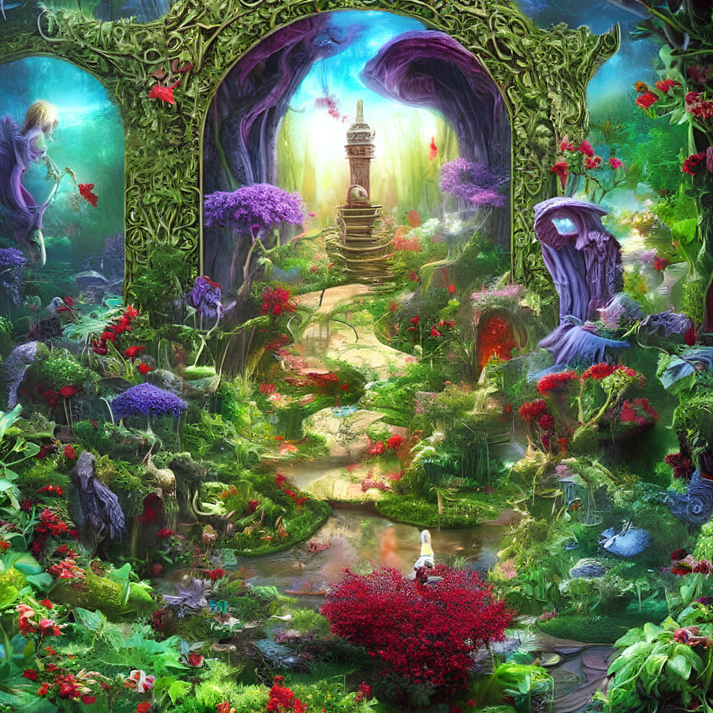 Fantasy garden with lush flora, mystical portal, enchanted pathways.