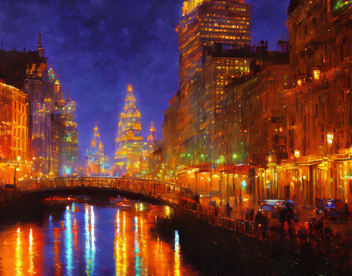 Impressionistic night cityscape with luminous reflections and twinkling streetlights