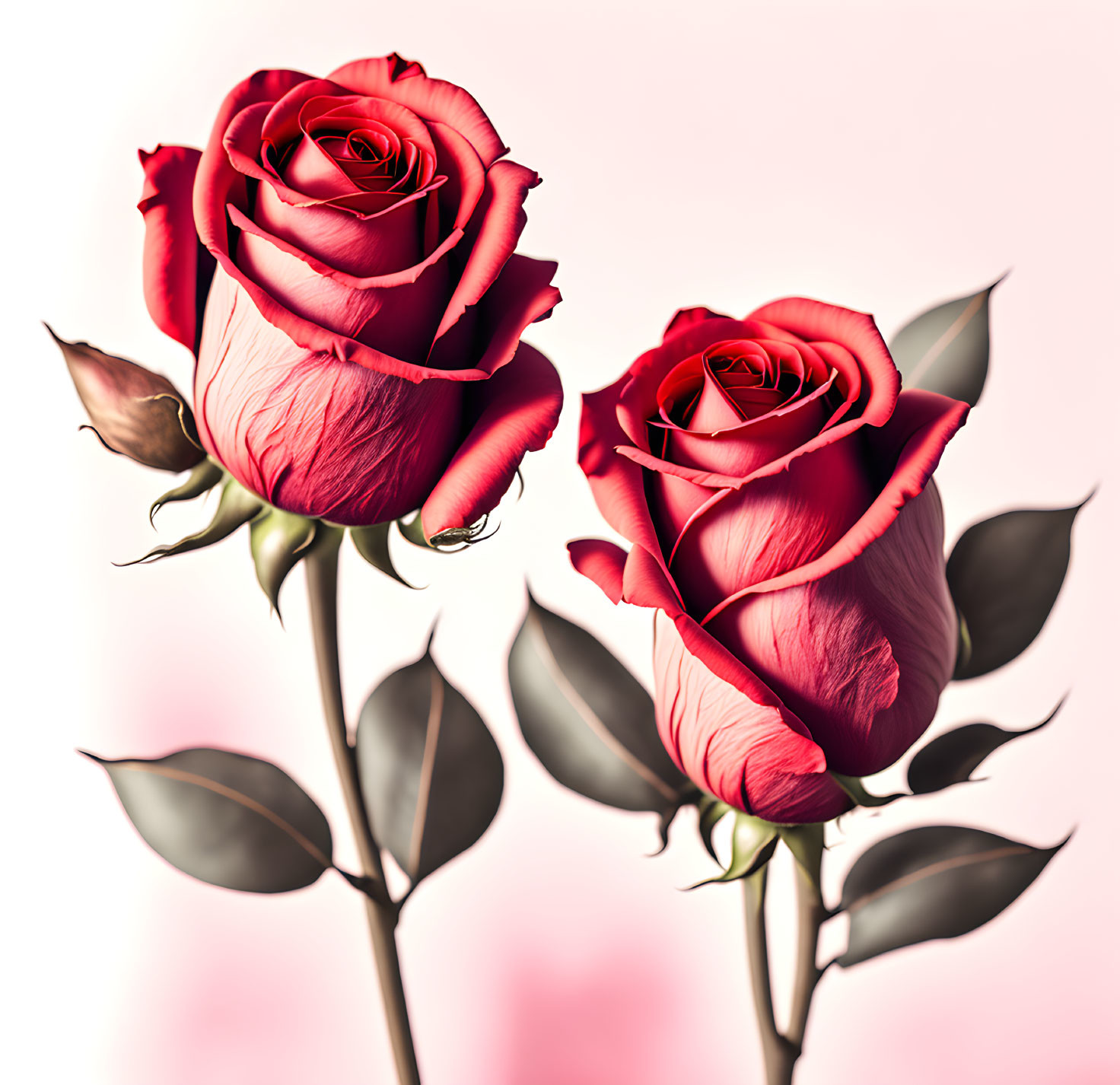 Vibrant red roses with green leaves on soft pink backdrop