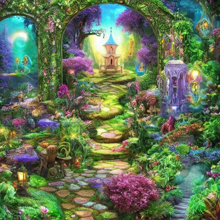 Enchanting fantasy garden with stone pathway and glowing lanterns