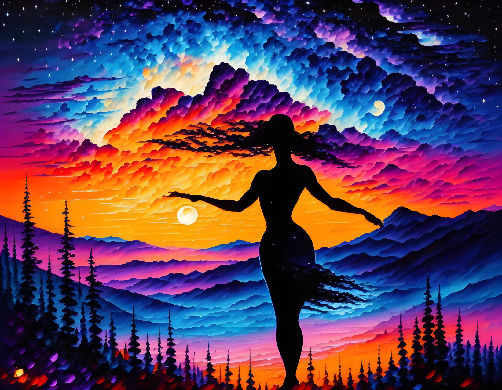 Silhouette of woman against vibrant, multicolored sky with moons and mountains