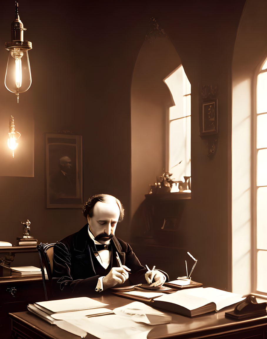 Vintage man writing with quill at wooden desk in sepia-toned room