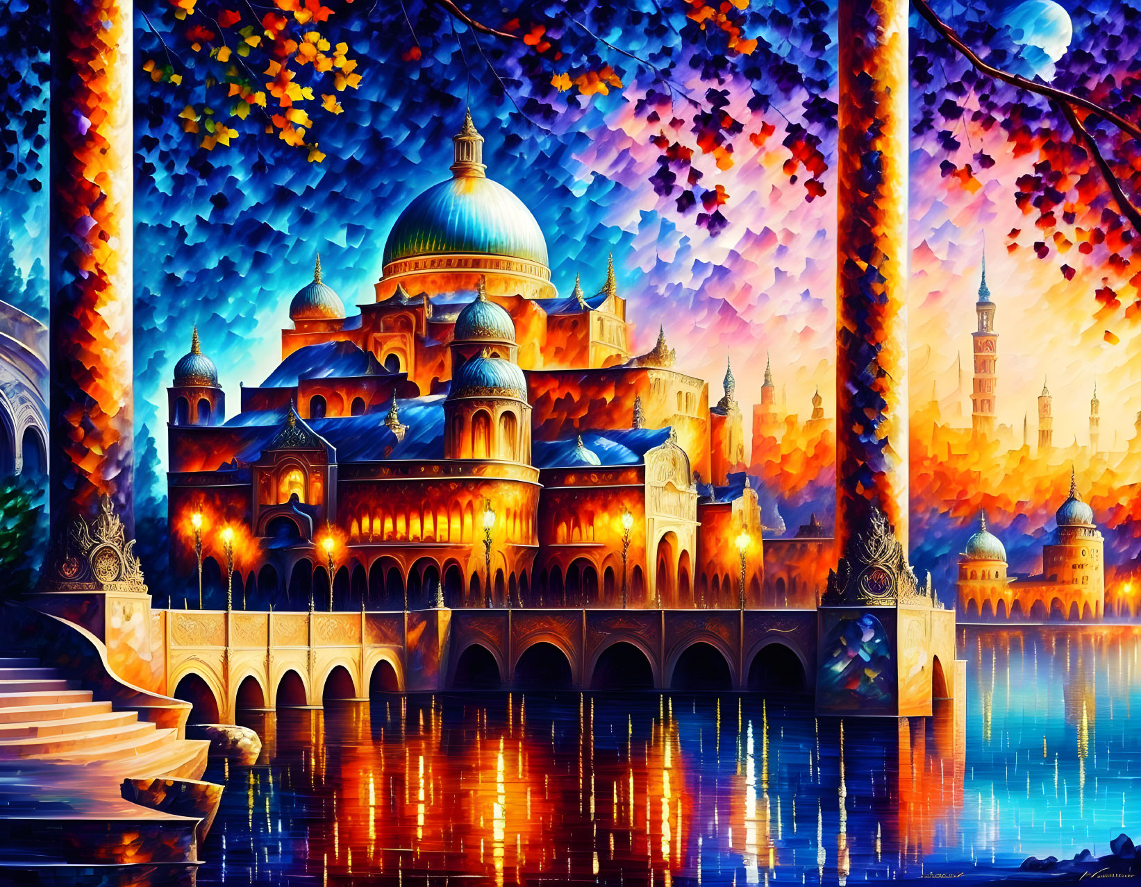 Impressionistic painting: Ornate palace by river at sunset